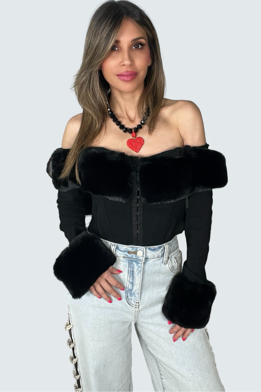 Faux Fur Trim Off The Shoulder Top | Winter Glam