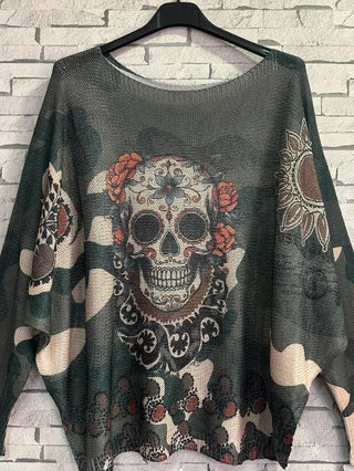 Olive Skull One Sized Printed Sweater