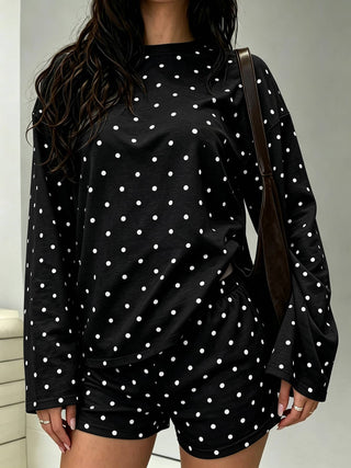 Black Polka Dot Long Sleeve Top and Shorts 2-Piece Set - Black