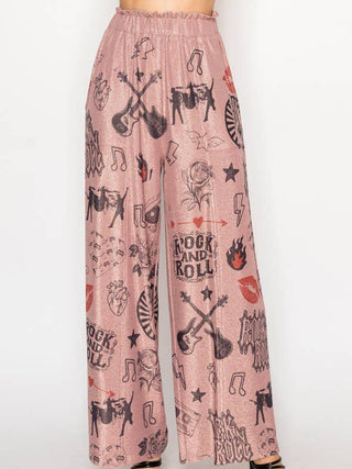 Pink Rock and Roll print lurex palazzo pants with an elastic waist