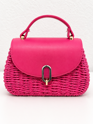 Fuchsia Woven Straw Saddle Handbag - Born To Glam