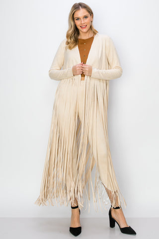 Natural Suede Knit Open Front Jacket with Long Fringe - front