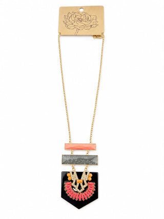 Silver Burgundy Black Geometric Rhinestone Fan Pendant Necklace - Born To Glam