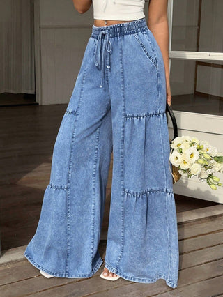 Blue Washed Drawstring Tiered Wide Leg Denim Pants