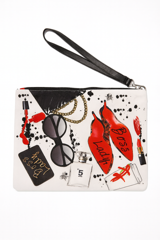 Flat rectangular Boss Lady accessories pouch with a bold red and black graphic print, zippered top, and wristlet strap.