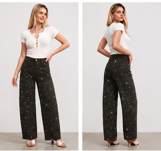 Brown Sparkle Embellished Wide Leg Jeans - Born To Glam