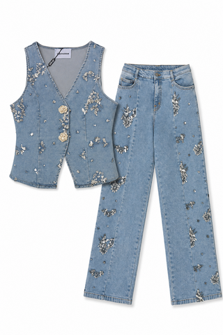 Denim Sequin Embellished Vest Top Pants Set - Born To Glam