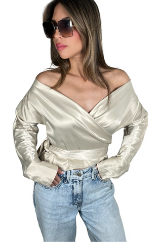 Style the Wrap Style Stretch Satin Blouse exclusively at Born To Glam for feminine blouses and soft glam inspiration.