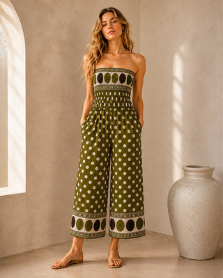 Olive Polka Dot Strapless Jumpsuit - Born To Glam