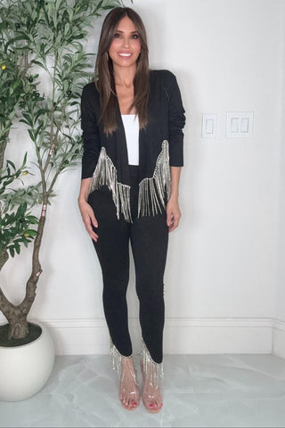 Black Crystal Fringe Hem Suede Pants - Born To Glam