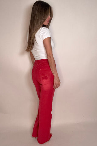 Style the Bayeas Red High Rise Wide Leg Stretch Jeans exclusively at Born To Glam