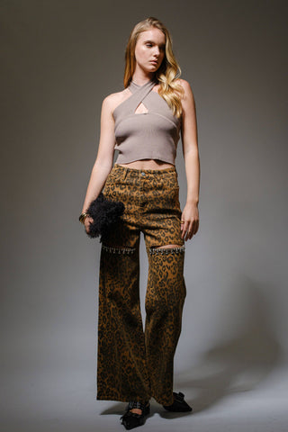 Style the Blue B Dark Leopard Print Cut-Out Rhinestone Jeans exclusively at Born To Glam