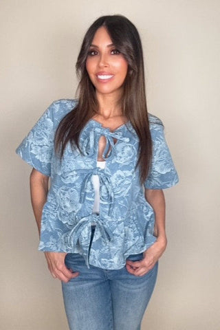 Style the Floral Jacquard Denim Tie Front Peplum Blouse exclusively at Born To Glam