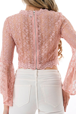 Pink Lace Bell Sleeve Crop Top
