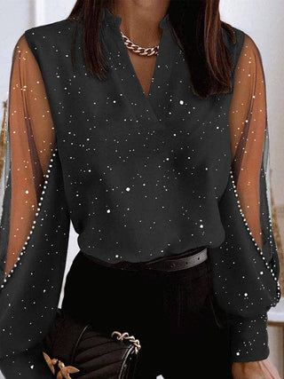 Black  Pearl Beaded Mesh Sleeve Blouse