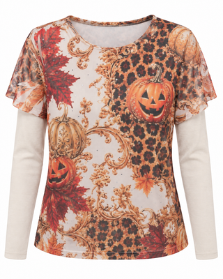 Fall Leopard Pumpkin Print Long Sleeve Top - white background flat lay