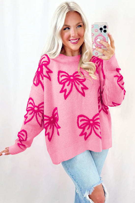 Pink Bow Pattern Drop Shoulder Loose Sweater Born To Glam