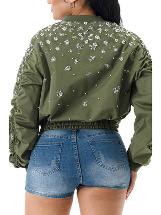 Olive Floral Pearl Long Sleeve Bomber Jacket – supplier photo 7