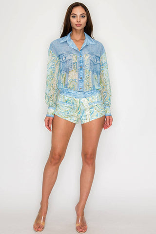 Paisley Denim Effect Chiffon Shirt & Shorts Set