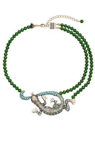 Green Beaded Gecko Statement Necklace