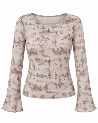 Taupe Old West Sparkly Mesh Long Sleeve Top - white background flat lay
