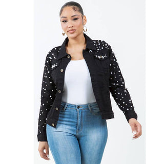 Radiant Pearls Rhinestone Deco Jean Jacket Black Multicolor