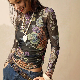 Floral Mesh Mock Neck Long Sleeve Top - Picture Color