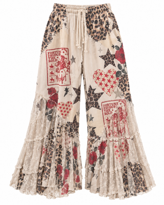 Multicolor Star Rose Lace Patchwork Wide Leg Pants shown flat with star, rose, leopard, and lace-inspired printed details.