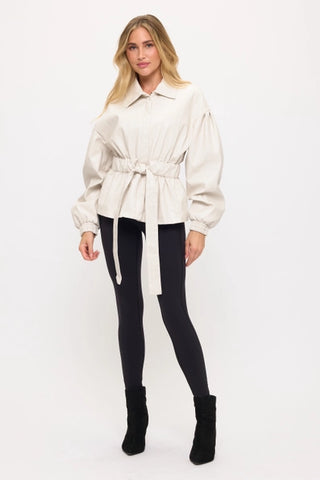Cream Luxe Belted Faux Leather Jacket