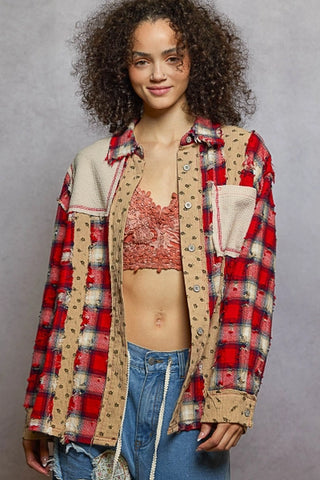 Red Patchwork Plaid Distressed Shirt