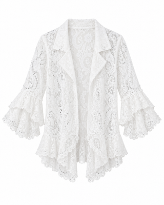 White Silver Stone Lace Ruffle Cardigan - white background flat lay
