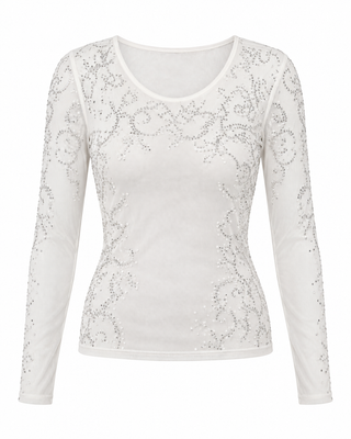 Ivory Embellished Mesh Long Sleeve Top - white background flat lay