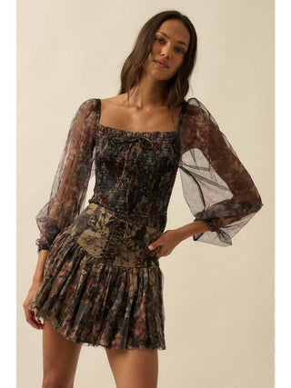 Floral-Print Drop-Waist Lace-Up Pleated Mini Skirt - Born To Glam