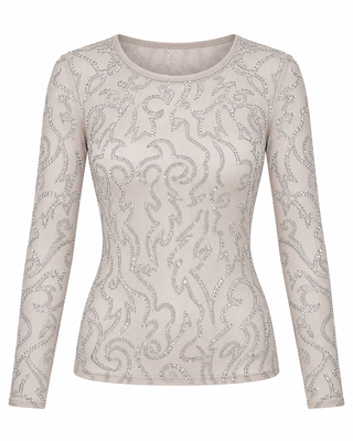Taupe Rhinestone Swirl Long Sleeve Top - white background flat lay