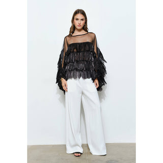 Black Shimmer Organza Scallop Ruffle Layered Blouse - Born To Glam
