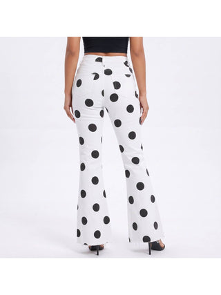 White Polka Dot High-Rise Flare Jeans detail