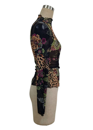 Floral Mesh Mock Neck Long Sleeve Top - Picture Color