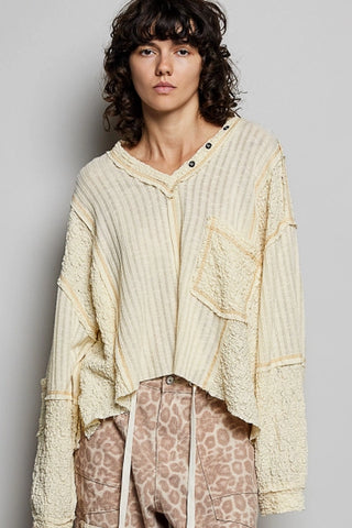 Natural Stitch Detail Balloon Long Sleeve Crop Top