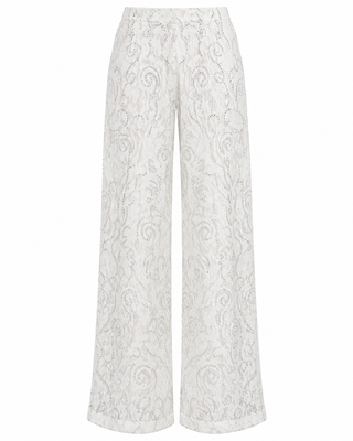White Silver Stone Lace Wide Leg Pants - white background flat lay