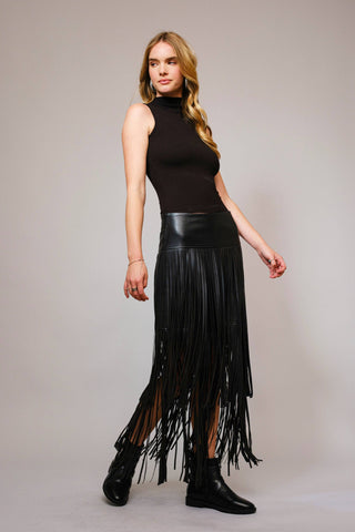 Black Faux Leather Tiered Fringe Maxi Skirt - Born To Glam