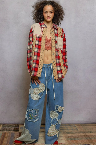 Red Patchwork Plaid Distressed Shirt
