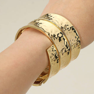 Bold Wide Textured Metal Hinged Bangle Bracelet - Born To Glam