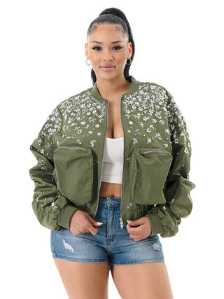 Olive Floral Pearl Long Sleeve Bomber Jacket – supplier photo 2