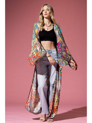 Valentina mixed print angel sleeve one sized kimono duster on a white background