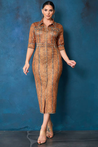 Denim Effect Button Down Short Sleeve Midi Dress - Born To Glam