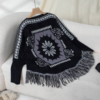 Long Sleeve Loose Knit Fringe Cape BLACK