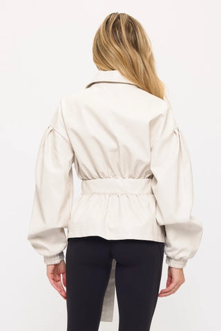 Cream Luxe Belted Faux Leather Jacket