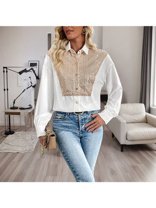 White Sequin Panel Button-Up Blouse detail