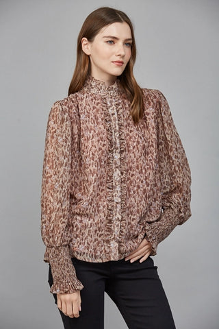Brown Animal Print Ruffle Blouse