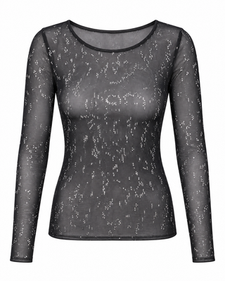 Black Embellished Mesh Long Sleeve Top - white background flat lay